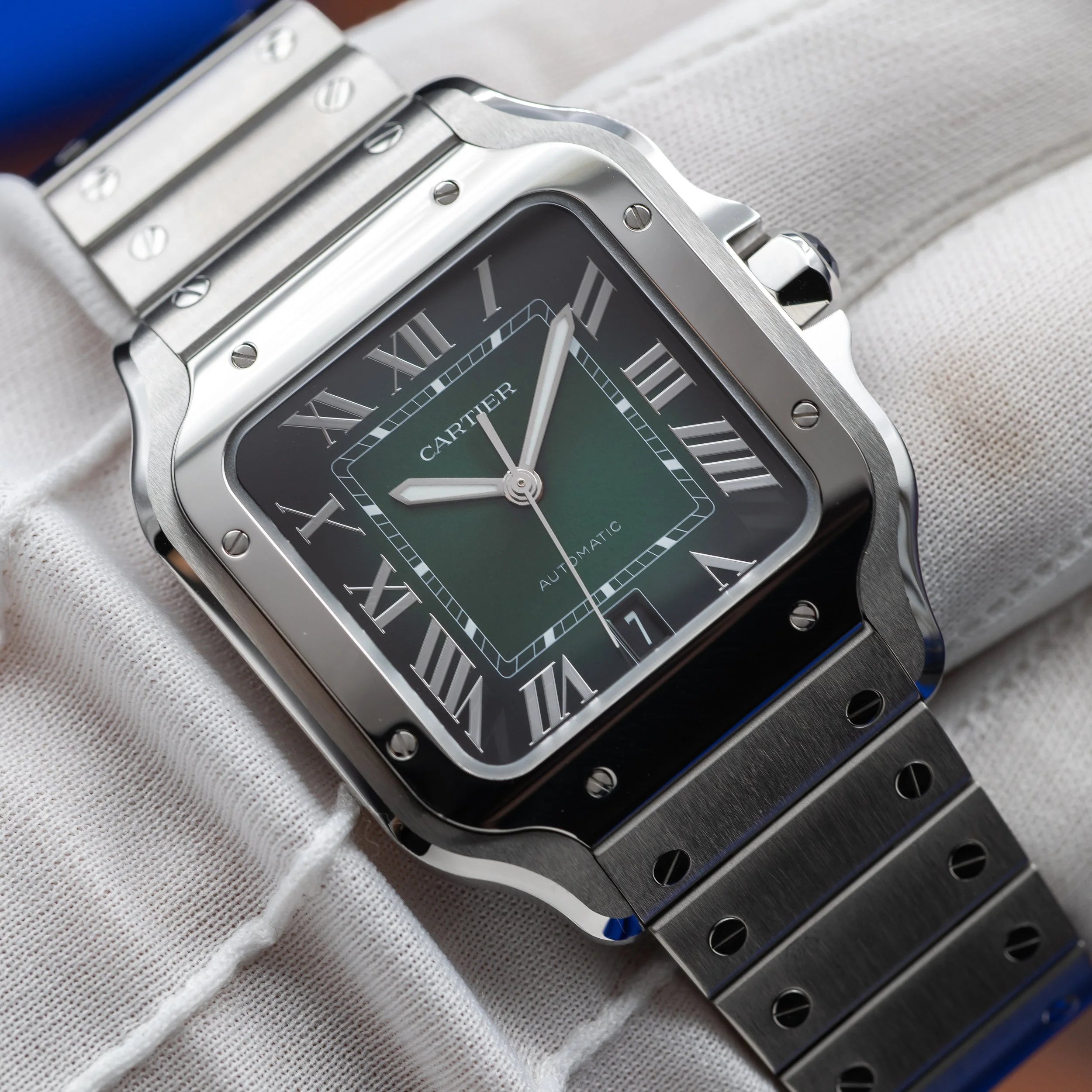CARTIER Santos Large 40nn Green Dial Bracelet & Green Alligator Strap WSSA0062 — image 16
